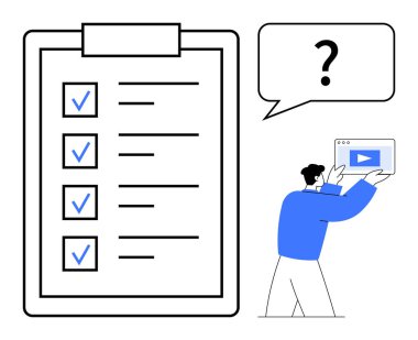 Kontrol işaretli büyük görev listesi, çalma simgesini gösteren tablet tutan adam ve soru işareti konuşma baloncuğu. Görev yönetimi, planlama, üretkenlik, öğretim, sorun çözme, iş akışı için ideal