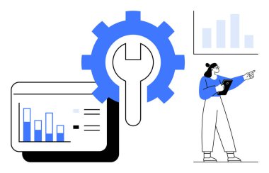 Çizelgeleri dişli simgesiyle analiz eden kadın optimizasyonu sembolize ediyor. Çubuk grafikler veri içgörülerini vurgular. İş analizi için ideal, üretkenlik, teknoloji, strateji, takım çalışması, yenilik, basit