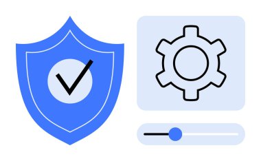 İşaretli mavi kalkan, dişli simgesi ve sürgülü sürgü güvenliği, gizliliği, korumayı, kişiselleştirmeyi simgeliyor. Siber güvenlik, veri koruması, tercihler için ideal UI tasarımı online güvenlik basit
