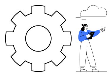 Tablet tutan ve büyük bir vites simgesi ve en küçük bulut çiziminin yanında duran bir kadın. Takım çalışması, yenilik, teknoloji, süreç, üretkenlik, yaratıcılık, basit iniş sayfası için ideal