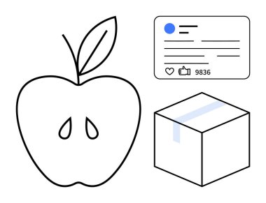 Yapraklı elma, başparmaklı sosyal medya iletisi, yorumlar ve bir nakliye kutusu. Pazarlama, e-ticaret, sosyal medya, sağlık, markalaşma, temiz tasarım için ideal basit iniş sayfası