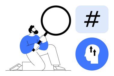 Elinde keşfi temsil eden büyüteç tutan adam meta verinin ve büyüme zihniyeti simgesinin yanında analizi de temsil ediyor. Arama, yenilik, dijital içerik, sosyal medya, strateji ve analitik için ideal