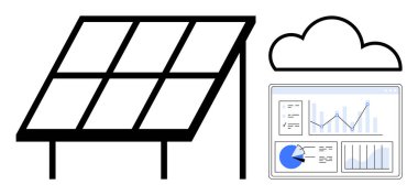 Güneş paneli, veri bulutu ve veri takibi ve enerji verimliliğini gösteren haritalarla birlikte analitik gösterge paneli. Sürdürülebilirlik, yenilenebilir enerji, teknoloji, çevre, enerji izleme için ideal