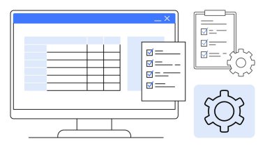 Pano ve kağıtta veri tablosunu kontrol listelerinin yanında gösteren bilgisayar ekranı. Vites simgeleri konfigürasyon, organizasyon, iş akışı, analitik, zamanlama, raporlama, takım koordinasyonu öneriyor. İdeal