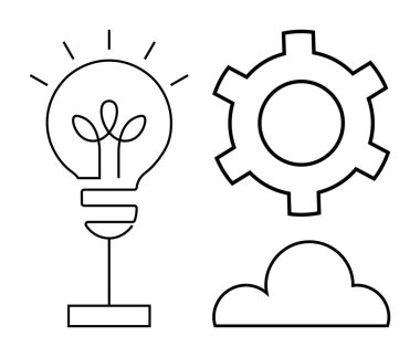 Ampul, dişli ve bulut ana hatları yenilik, yaratıcılık ve teknolojiyi vurgular. Strateji, icat, çözümler, gelişim süreci geliştirme için ideal basit iniş sayfası