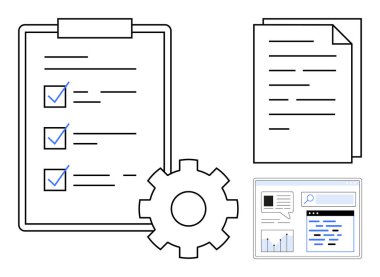 Görev listesi, teçhizat, belgeler ve iş akışını, veri yönetimini ve başarılı görev tamamlamayı vurgulayan bir web analiz penceresi. Planlama, organizasyon, verimlilik optimizasyonu için ideal