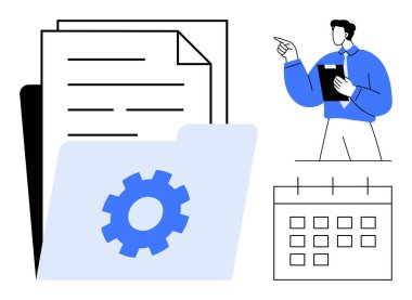 Vites simgesine sahip belge klasörü, işaretli günleri olan takvim ve profesyonel inceleme panosu. Yönetim, organizasyon, planlama, takım çalışması, iş akışı, hedef belirleme için ideal düz bir metafor