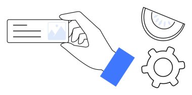 Kimlik kartında görüntü ve metin var. Yanında da dişli ve karpuz dilimi var. Kimlik, organizasyon, kişiselleştirme, yenilik, yaratıcılık, üretkenlik takım çalışması için idealdir. Düz basit