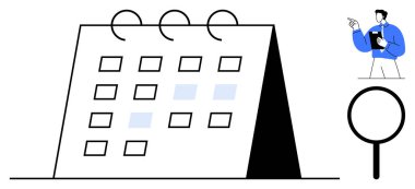 Masa takviminde altı çizili tarihler, odak için büyüteç ve elinde not defteri olan bir profesyonel var. Planlama, planlama, organizasyon, analiz, zaman yönetimi, araştırma için ideal