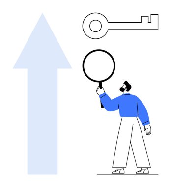 Anahtar ve okun yanında büyüteç tutan adam çözümleri, başarıyı ve büyümeyi sembolize ediyor. Yenilik, strateji, iş, problem çözme, geliştirme keşfi için ideal basit
