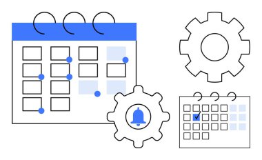 İşaretli olaylar takvimi, çan simgesi ile dişli dişli ve görev ayarları sembolü. Planlama, organizasyon, üretkenlik, otomasyon, bilgilendirme, hatırlatıcı planlama için idealdir. Düz basit metafor