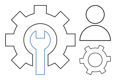 İkonun yanında bakım, işbirliği ve teknolojiyi vurgulayan vites ve İngiliz anahtarı. Takım çalışması, teknik destek, mühendislik, işbirliği, liderlik, geliştirme için ideal basit