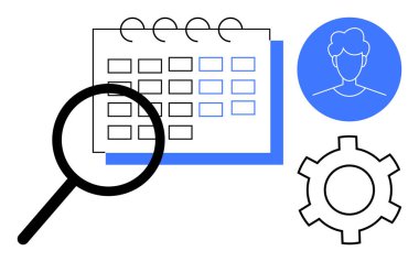 Bir takvim üzerinde büyüteç, bir kullanıcı profili simgesi ve zamanlamayı, kullanıcı rollerini ve üretkenliği sembolize eden bir dişli. Çalışma akışı, planlama, organizasyon ve basit bir iniş sayfası için ideal