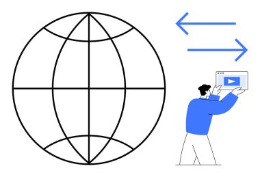 Şebeke çizgileri olan büyük bir dünya, değiş tokuşu gösteren mavi oklar, medya dosyasını tutan kişi. Teknoloji, iletişim, küreselleşme, medya, bilgi paylaşımı, yenilik için ideal basit bir iniş sayfası