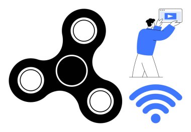 Siyah hareketli dönen, mavi kablosuz sinyal ve elinde video ekranı tutan eğlence, odaklanma, yaratıcılık, bağlantı, üretkenlik, rahatlama ve basit iniş sayfasını ifade eden bir adam.