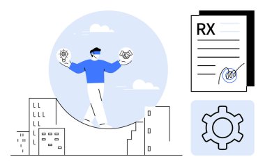 İp üzerinde yürüyen biri ampul ve tokalaşma simgelerini şehir manzarasının üzerinde tutuyor. İmzalı belge ve teçhizat içeriyor. Yenilik için ideal, denge, takım çalışması, yaratıcılık, kavramlar, çözümler, basit