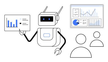 Robot veri tablosu tutuyor, iki figürlü ekrandaki grafikleri analiz ediyor. Yapay zeka, otomasyon, veri görselleştirme, takım çalışması, teknoloji, yenilik, basit iniş sayfası için ideal