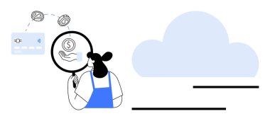 Kadın, bulut simgesi yakınlarındaki büyüteç kullanarak mali işlemleri inceliyor, dijital ekonomi, veri depolama ve şeffaf analizleri gösteriyor. Finans, veri, bulut hesaplama ve müşteri için ideal