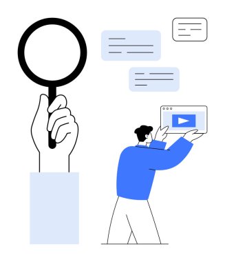 Büyüteçle el, video arayüzü tutan adam, metin baloncukları, arama, araştırma, keşif, analiz, içerik oluşturma, UX tasarımı basit iniş sayfası