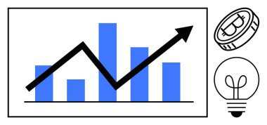 Büyümeyi gösteren yukarı doğru ok, kriptoyu sembolize eden Bitcoin para ve fikirleri temsil eden ampul çizelgesi. Finans, analitik, kripto para birimi, başarı ve yenilik için ideal
