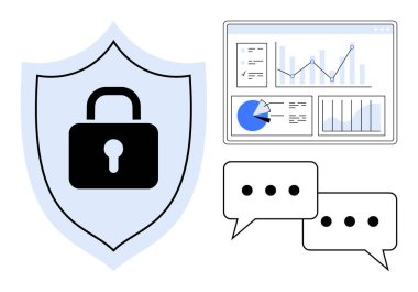 Kilitli kalkanlar veri korumasını, analitik gösterge panelini ve iletişim için sohbet baloncuklarını sembolize eder. Veri gizliliği, siber güvenlik, güvenli iletişim, analitik ve uyum için ideal