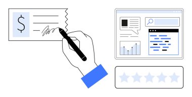 El imzası kontrolü, finansal veri tablosu, arama çubuğuyla web sayfası arayüzü ve beş yıldızlı değerlendirme notu. Finans, e-ticaret, analitik, çevrimiçi değerlendirmeler, müşteri geribildirim veri yönetimi için ideal