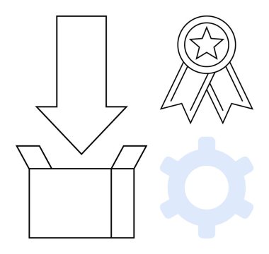 Aşağıya bakan ok, yıldız rozeti ve teçhizat kutuları teslimatı, kalite güvencesini, işlevselliği, verimliliği, sistem gelişimini, paketleme iş çözümlerini sembolize eder. Lojistik yenilik için ideal