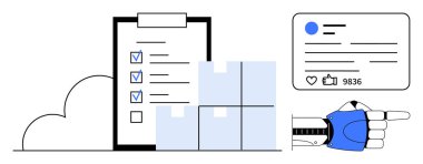 Robot el sosyal nişan ölçümlerine işaret ediyor. Kontrol listesi, kutular, otomasyon, lojistik, yapay zeka entegrasyonu. E-ticaret, otomasyon, yapay zeka lojistik pazarlama teknolojisi için ideal.