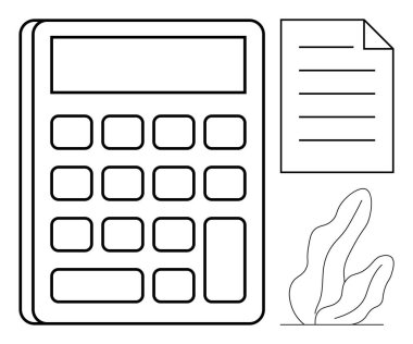 Sayısal tuşları olan hesap makinesi, çizgileri olan döküman ve soyut bitki. Muhasebe, finans, bütçe, eğitim, ofis, verimlilik için ideal basit iniş sayfası