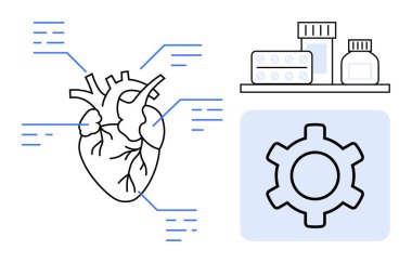 Çizgileri, vites simgesi ve ilaç şişeleri ile anatomik kalp, sağlık, yenilik, teknoloji, kardiyovasküler sağlık, tıbbi cihazlar, ileri düzey tedavi, basit iniş sayfasını vurguluyor