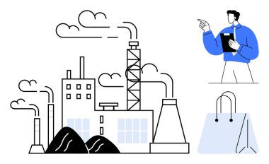 Duman yığınları olan bir endüstri tesisi, pano işaretli bir kişi ve çevre temalı bir alışveriş çantası. Sanayi, tüketim, çevre, imalat, ticaret, analitik sürdürülebilirlik için ideal