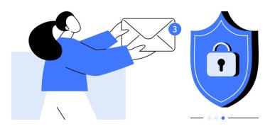 Elinde yeni bir mesaj içeren bir zarf tutan bir kadın. Kilitli bir kalkanın yanında. Güvenli iletişimi sembolize ediyor. Siber güvenlik, e-posta güvenliği, dijital mahremiyet, güvenli mesajlaşma için ideal