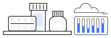 İlaç şişeleri, hap paketleri ve bulut taşıma sağlık hizmetleri, ilaç, veri analizi, ilaç izleme, sağlık izleme, araştırma ve basit bir iniş sayfasında bar grafiği