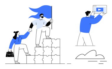 Takım üyeleri bulmaca bloğuna tırmanıp liderlik bayrağıyla el ele tutuşuyorlar. Bir kişi içeriği dijital ekranda sunar. Liderlik, işbirliği, rehberlik, problem çözme için ideal