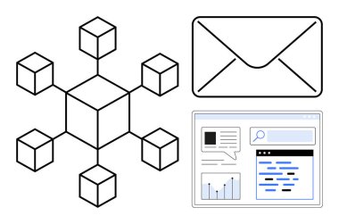Ağ blokları yapısı, e-postayı sembolize eden zarf ve iletişim, veri paylaşımı ve çevrimiçi iş akışlarını vurgulayan web sayfası düzeni. Teknoloji, iletişim, işbirliği, veri için ideal