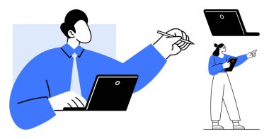 Müdür, Stylus 'la dizüstü bilgisayarda yazı yazıyor, denetleyici, tablete notlar alıyor. Takım çalışması, liderlik, işbirliği, teknoloji, işyeri, iletişim, basit iniş sayfası için ideal