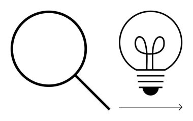 Büyüteç ampulü yönlü okla göstererek araştırmayı, fikir üretimini ve yeniliği sembolize ediyor. Yaratıcılık, araştırma, yenilik, problem çözme, ilerleme için ideal