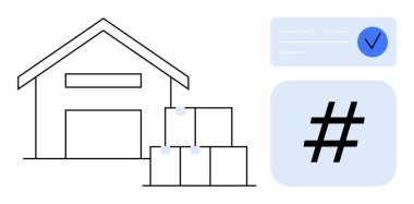 Depo binası istiflenmiş kutular, takip sembolü, kontrol listesi ve meta veri etiketi simgesi. İkmal zinciri, lojistik, envanter, dağıtım, organizasyon teknolojisi için ideal basit iniş sayfası
