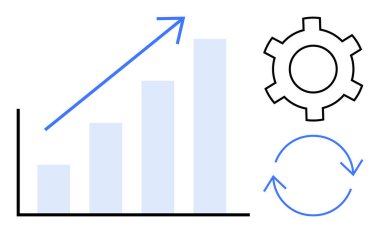 Yukarı doğru ok, dişli sembolü ve dairesel okları olan çubuk çizelgesi. Büyüme stratejisi, iyileştirme, proje yönetimi, analitik, verimlilik, optimizasyon iş başarısı için ideal basit iniş sayfası