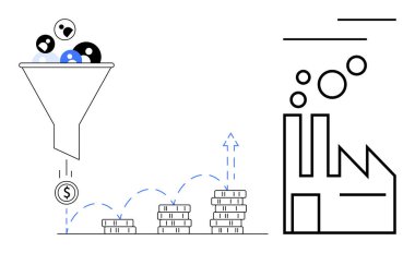 İnsanları para sembolüne filtreleyen huni, fabrika basamaklarında yükselen kar, üretim verimliliği, gelir artışını gösteren madeni para yığınları. İş, pazarlama ve strateji için ideal