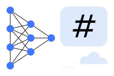 Sinirsel ağ düğümleri bir konuşma balonunda üst veri etiketinin yanında satırlarla birbirine bağlanır. Yapay zeka, makine öğrenimi, sosyal medya, yenilik, veri analizi, teknoloji kavramları, basit iniş için ideal