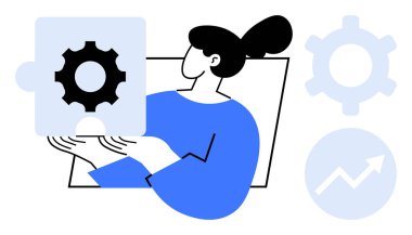 Elinde teçhizatlı bir yapboz parçası tutan kadın, kilit adımlara ve problem çözme stratejilerine odaklanıyor, yenilik, takım çalışması. Süreç için ideal, yaratıcılık, çözüm, işbirliği büyüme gelişimi. Düz