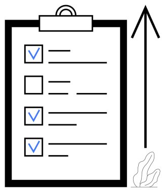 Kontrol listeli pano, üç işaretli görev, boş onay kutusu, yukarı doğru ok ve küçük tesis. Üretkenlik, ilerleme izleme, yönetim, hedef belirleme organizasyonu için ideal basit