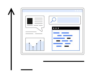 Grafikler, metin panelleri, arama çubuğu ve kod parçacıkları içeren veri paneli etkili veri görselleştirmesi, analitik, organizasyon, istatistik, dijital araçlar, teknolojik çözümler web çözümleri iletir. İdeal
