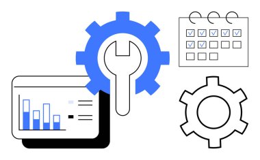 Vites, İngiliz anahtarı, bar şeması ve kontrol listesi takvimi teknik optimizasyonu, verimliliği ve organizasyonu sembolize eder. Verimlilik, planlama, veri takibi iş akışı bakım zamanlaması için ideal