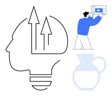 Büyümeyi gösteren oklarla insan kafası ana hatları, medya oyuncusunun ekranını tutan kişi ve cam sürahi. Yenilik, eğitim, iş stratejisi, takım çalışması, pazarlama, yaratıcılık için ideal basit