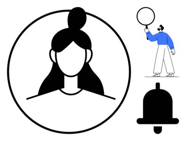 Çemberin içinde bir kadın profil avatarı, uyarı zili ve konuşma balonu tutan minimalist bir figür. İletişim, kullanıcı arayüzü, mesajlaşma, profil ayarlama, web tasarımı, sosyal medya için ideal