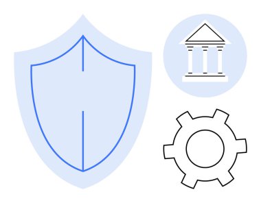 Kalkan korumayı temsil eder, mahkeme binası hukuku simgeler ve sistem yönetimi için teçhizat. Hukuki hizmetler, siber güvenlik, yönetim, uyum, politika, güvenlik için ideal bir iniş sayfası