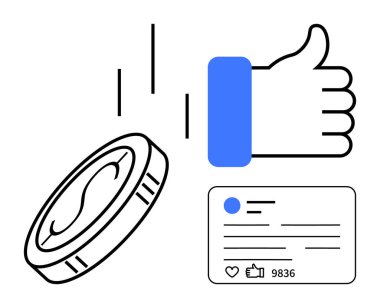 Baş parmak hareketi, düşen bozuk para çevrimiçi kazancı sembolize ediyor ve sosyal medya gönderme metrikleri. Dijital iş, markalaşma, nüfuzlu pazarlama, çevrimiçi ödeme, seyirci bağlılığı için ideal