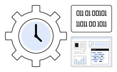 Gömülü saat, ikili kod ve otomasyonu, teknolojiyi ve zaman yönetimini sembolize eden dijital analitik arayüzle donatılmış. Yenilik için ideal, dijital dönüşüm, yapay zeka, kodlama verisi